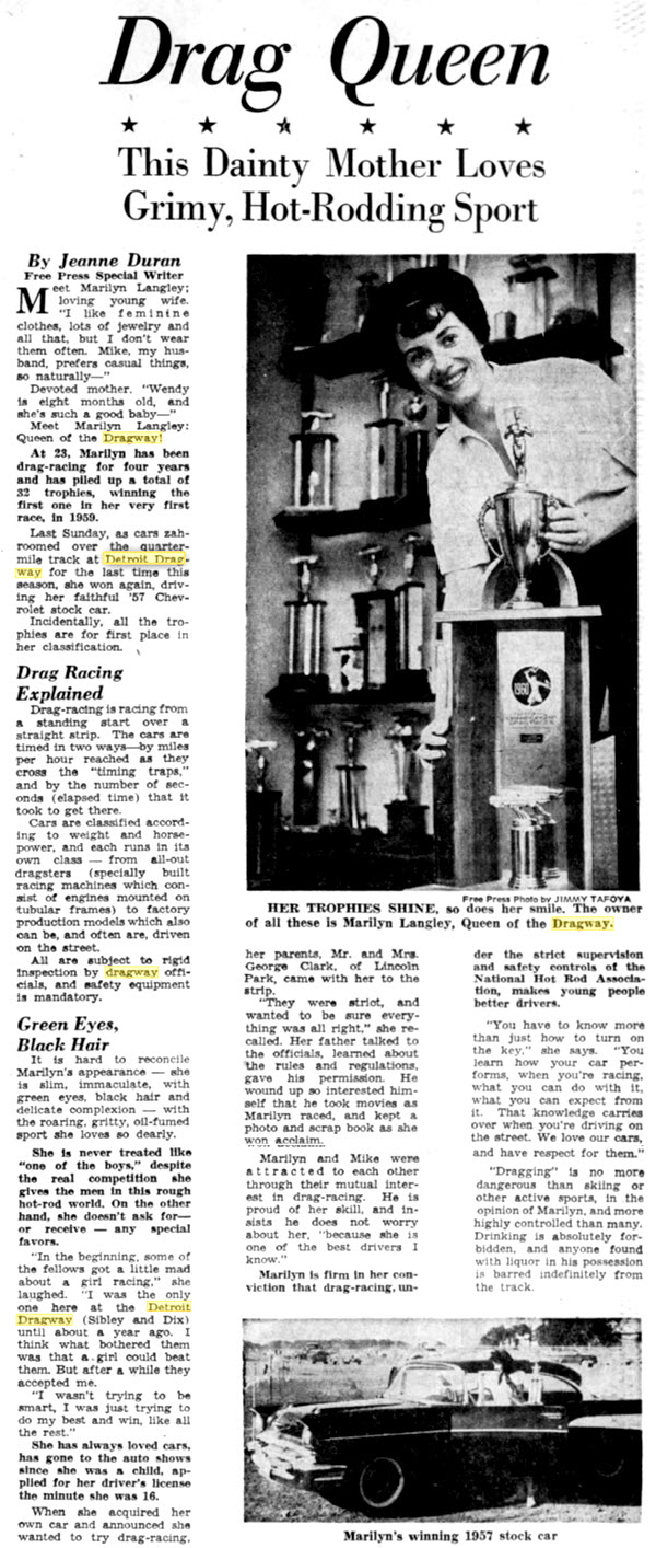 Detroit Dragway - Classic Article On Marilyn Langley - She Likes Jewelry And Her 57 Chevy Lol Nov 4 1962 (newer photo)